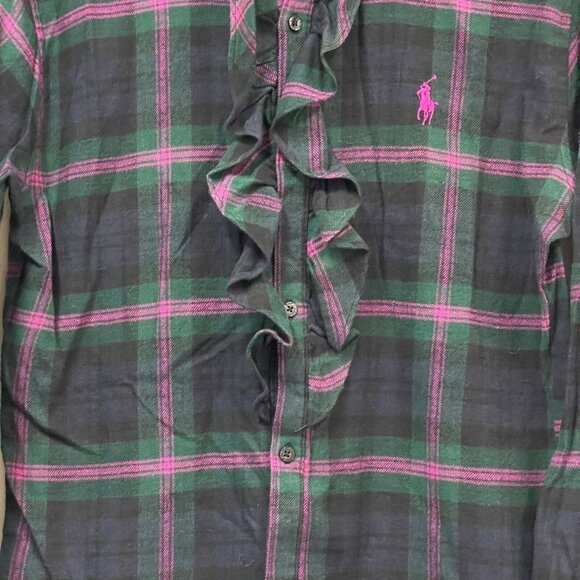 Ralph Lauren Plaid 100% Cotton Ruffle Flannel Shirt Dress Medium Black/Green - Picture 2 of 10